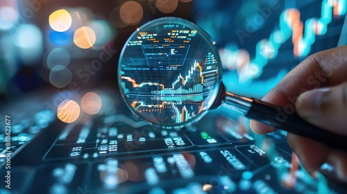 Market research strategy with a hand holding a magnifying glass over a digital chart, laptop in the background