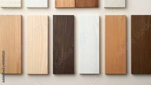 Wooden sample boards displaying various wood finishes.