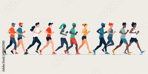 Diverse Marathon Runners in Flat Design - Illustration of Multicultural Athletes Running a Race Together