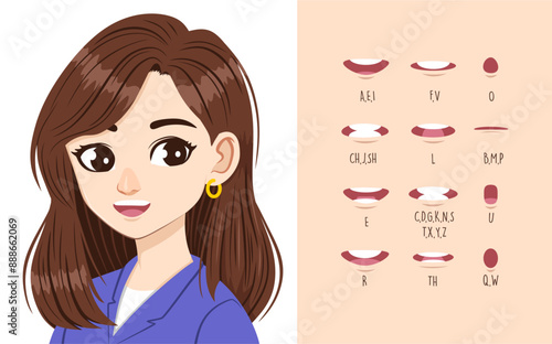 beautiful woman character with lip sync collection for animation. female mouth animation phoneme graphic. Alphabet pronunciation. Vector illustration