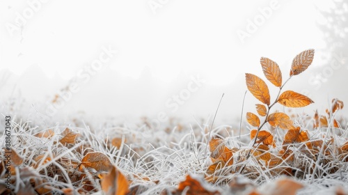 Golden autumn leaves covered in frost on a field, capturing the transition between autumn and winter in a serene landscape.