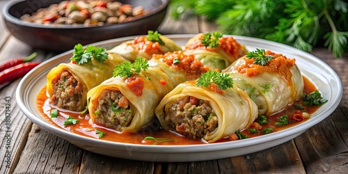 Cabbage rolls stuffed with flavorful ground meat, rice, and spices, cabbage rolls, meat, rice, stuffed, savory, traditional