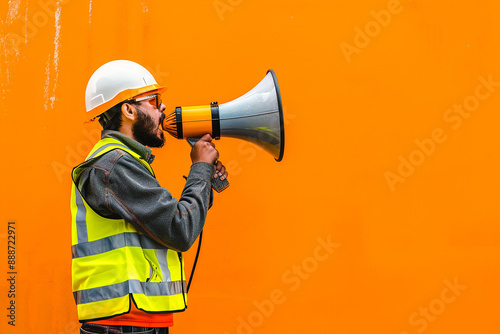 A construction worker in a reflective vest and hard hat using a megaphone against an orange background, representing communication and safety.