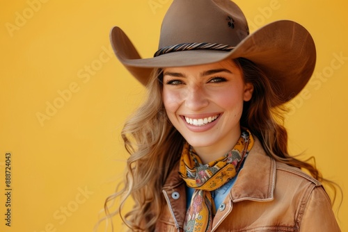 Joyful seductive cowgirl against yellow backdrop