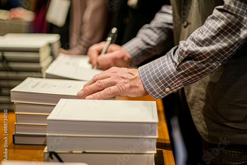 Writer signing copies of their best-selling book at a book signing event