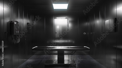 45. Halloween Day: Minimalist alien autopsy room, single examination light, metallic table