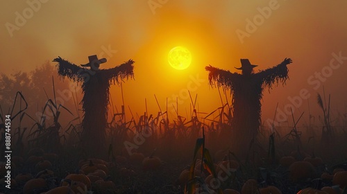 8. Halloween Day: Misty pumpkin fields, harvest moon, scarecrow silhouettes