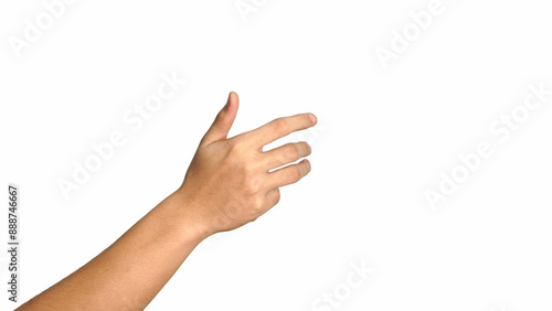 Close up male hand holding something like a bottle or can isolated on white background with clipping path.