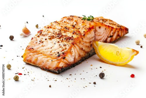 Salmon fillet cooked on white background