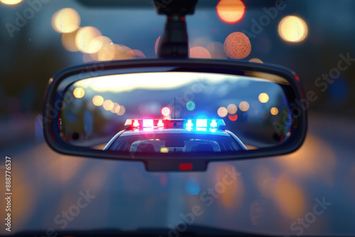 Police Car with Flashing Lights Seen in Rearview Mirror at Night