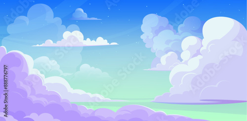 Anime style sky with clouds. Vector cartoon illustration of sunny morning skyline with beautiful cloudscape, heavenly background, fresh air, natural beauty, fantasy dream backdrop with color gradient