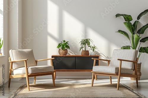 Scandinavian-Inspired Living Room with Wooden Armchairs, Gray Carpet, and Modern Decor Elements, Featuring Wall Poster and Potted Plants