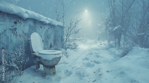 Old Toilet on the side of the road covered in Snow during a Blizzard