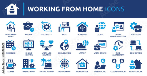 Working from home icon set. Containing remote work, work online, freelancing, home office, digital nomad, portfolio and more. Solid vector icons collection.