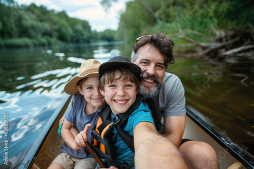 Happy family taking selfie while boating. Spending time in boat outdoors on weekends or on vacation travel with the whole family together in nature lake pond concept