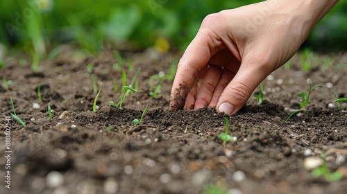 Repairing lawn by sowing grass seed photo with female hand over patchy ground