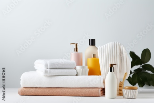 neatly arranged set of bath towels and toiletries on a white surface, evoking a sense of cleanliness and luxury