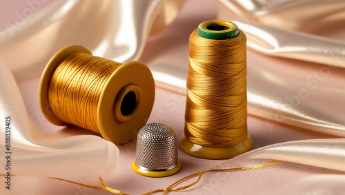 Gold thread spool and thimble on chiffon fabric, Luxurious gold thread on fabric, A spool of gold thread