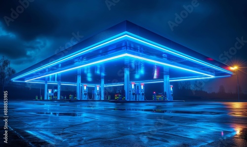 A futuristic gas station illuminated by vibrant blue lights at night, Generative AI