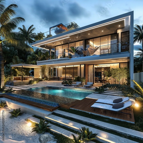 Luxury beachfront house with modern design, lush greenery, and elegant lighting creating a serene ambiance.