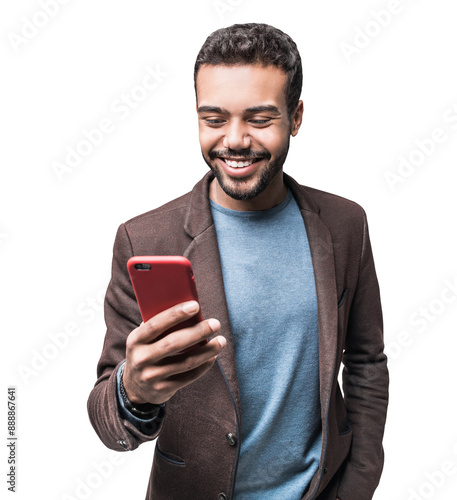 Young handsome man using smartphone isolated transparent PNG, Smiling student men looking at mobile phone isolated portrait. Modern lifestyle, connection, business concept