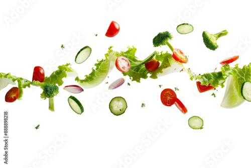 Mixing Salad of different vegetables green lettuce, spinach, onion and other flying in the air isolated on background, fresh organic food.