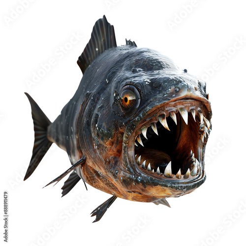 Close-up of a fierce piranha fish with sharp teeth, showcasing its aggressive nature and detailed features against a white background.