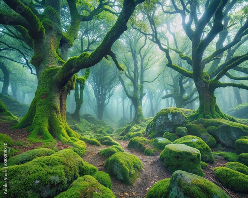 Misty forest scenery with ancient trees, vines and moss-covered stones, evoking medieval England's Sherwood Forest, legendary outlaw's hideout and adventure setting.