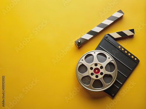 Vibrant yellow background features a classic movie clapperboard and film reel in top view, providing ample space for promotional text or branding.