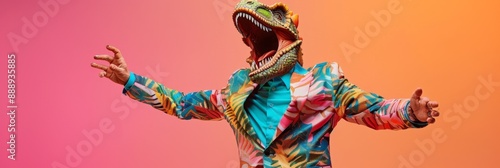 Freak in dinosaur mask dancing, masquerade, absurd carnival, having fun in costume party, weird mask head