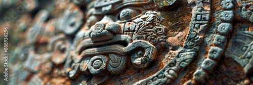 A close-up view of intricate carvings of Mayan symbols on an ancient stone artifact, showcasing the historical artistry of the civilization