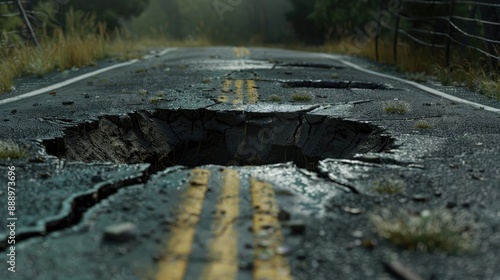 Fencing in front of a sinkhole on the road