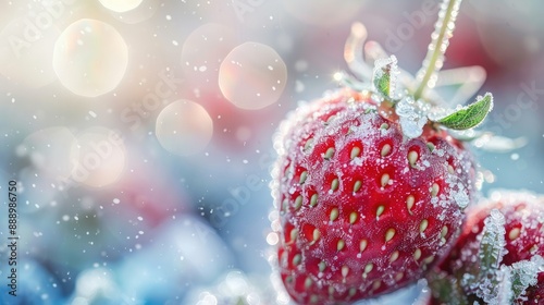 Frozen berries sweet red strawberry covered with frost and snowflakes Macro view shallow depth of field selective focus