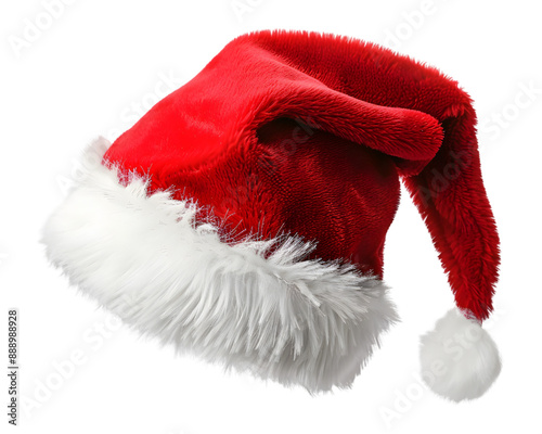 Red Christmas hat with fluffy white trim on transparent background