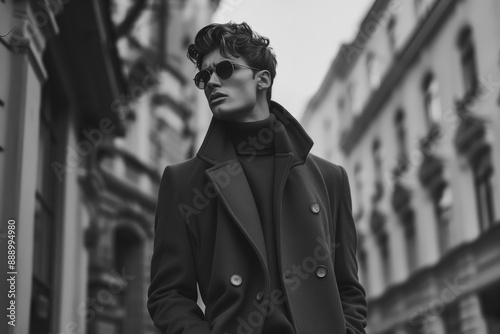 A man wearing sunglasses and a coat stands on a city street, black and white