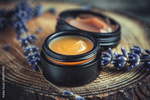 Homemade organic lip balm with natural ingredients and lavender.