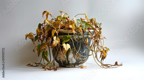 Une plante desséchée, morte, dans un pot noir sur fond blanc, symbole de décadence