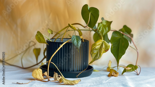 Une plante desséchée, morte, dans un pot noir sur fond blanc et orange, symbole de décadence