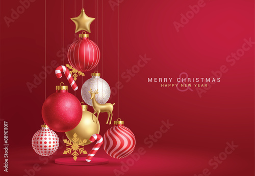 Christmas balls red vector design. Merry christmas greeting text with hanging balls, bauble, gold deer, stars and snowflakes decoration ornaments in red elegant background. Vector illustration holiday