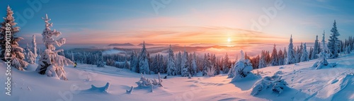 Stunning Winter Sunrise Over Snow-Covered Forest Landscape with Panoramic View