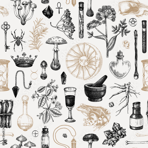 Witchraft seamless pattern. Bohemian background. Magic ingredients and floral elements. Antique apothecary, alchemy, tarot card design. NOT AI generated