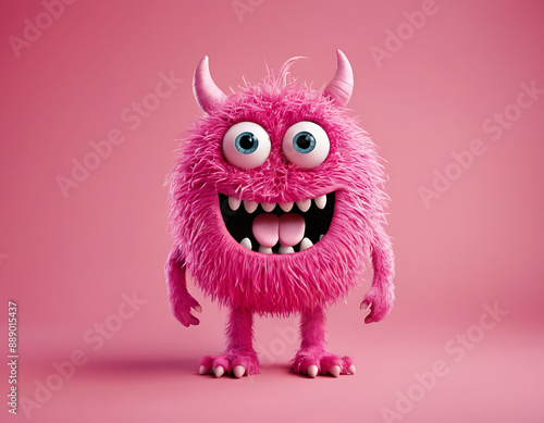 A fluffy pink monster with big blue eyes and a wide open smile, perfect for children's books, toy designs, or playful branding.