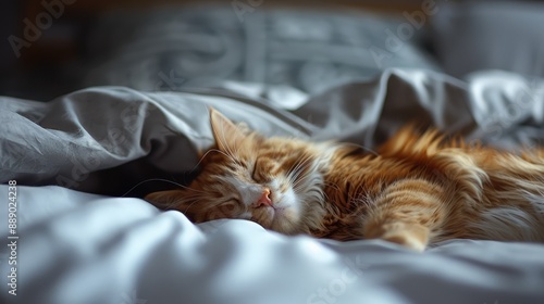 Fluffy pet resting comfortably on the bed