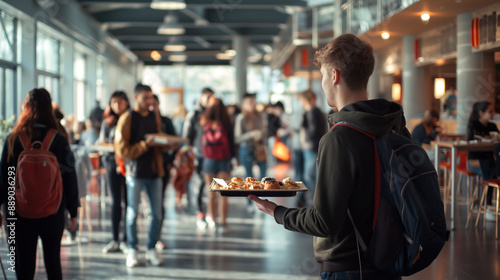 A blank flyer mockup being handed out near the entrance of a bustling campus dining hall, with students coming and going, carrying trays of food.