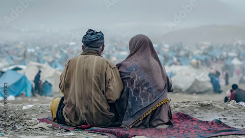 Two refugees sit together on a blanket, gazing at a refugee camp. The scene reflects the bleak conditions of displacement and the strong bond between them