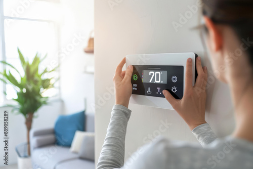 Woman is setting the temperature of her home using a digital thermostat on a wall