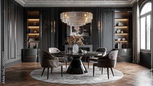 Modern dining room with a round table and chandelier.