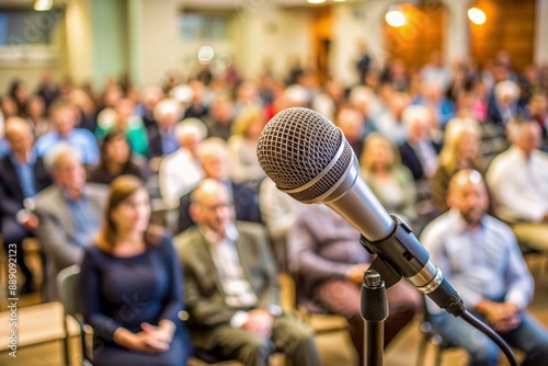 Town hall meeting scene with microphone in foreground, blurred audience, and panel of speakers in background, awaiting candidate answers to pressing community questions.