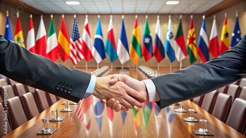 Diplomatic achievement symbolized by a handshake shape formed by flags of different countries on a diplomatic table against a blurred background of a conference hall.