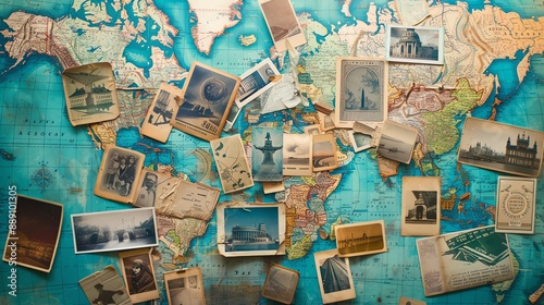 Vintage postcards are scattered on top of a world map.